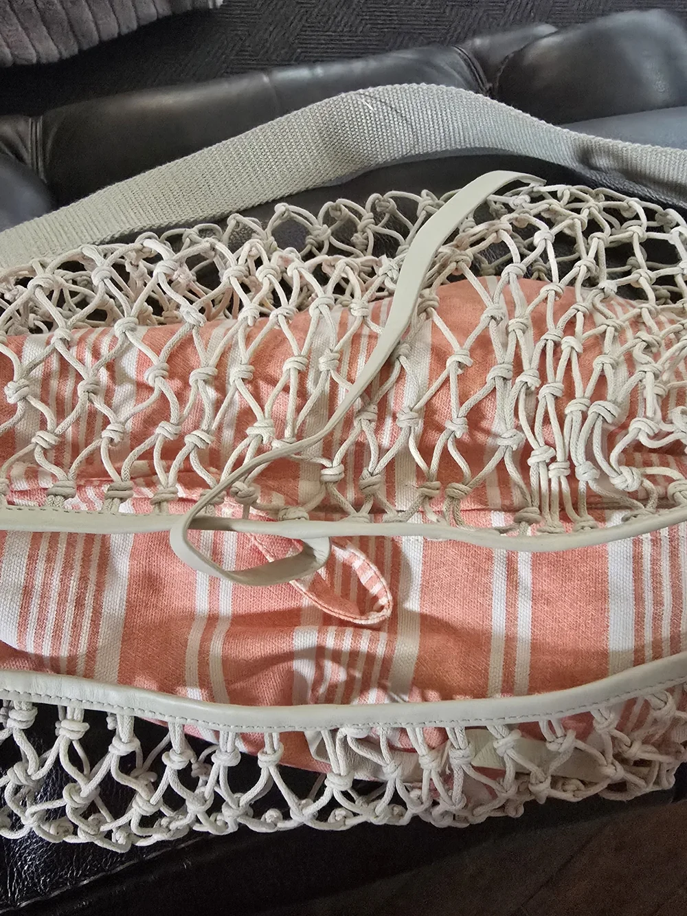 Free People Cream Net Knotted Hobo Shoulder Bag Drawstring Striped Orange Lining